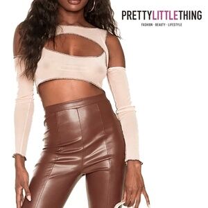 PLT Crop Top Nude Mesh Contrast Stitch Cut Out Cold Shoulder Made in UK